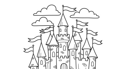 Naklejka premium Grand Medieval Castle with Flags and Clouds, Isolated White Background, Line Art.