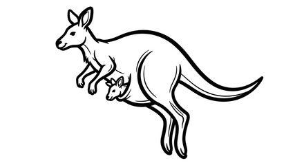 Energetic Kangaroo Jumping in Mid-Air, Isolated White Background, Line Art.