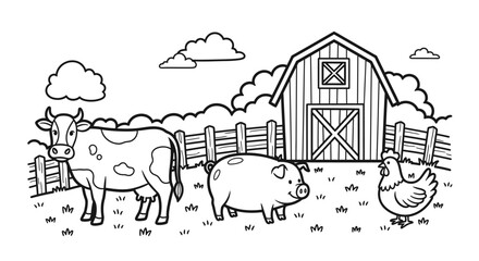Happy Farm Animals with Barn and Fence in Rural Scene, Isolated White Background, Line Art. © shankara