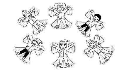 Diverse Group of Happy Children Making Snow Angels on Snowy Ground, Winter Fun Activity, Black and White Coloring Page, Isolated White Background