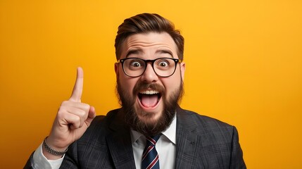 Eureka Moment: A man with a beard beams with inspiration, his face alight as he points upwards in a gesture of brilliance. It captures a spark of insight. 