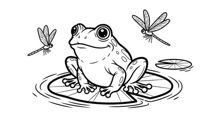 Adorable Frog Sitting on a Lily Pad with Dragonflies in a Peaceful Pond, Nature Scene, Black and White Coloring Page, Isolated White Background
