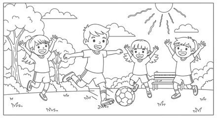 Energetic Children Playing Soccer in a Sunny Park with Trees and Bench in the Background, Happy and Playful.