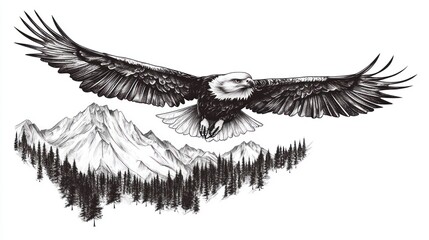 Obraz premium Majestic eagle in flight over a snow-capped mountain range and coniferous forest, depicted in a monochromatic sketch style
