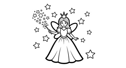Elegant Fairy Princess Waving a Magic Wand with Stars Around, in a Whimsical Fantasy Realm, Magical and Dreamy.