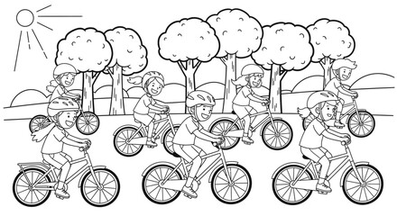 Group of Happy Children Riding Bicycles Outdoors in a Park with Trees on a Sunny Day, Isolated White Background