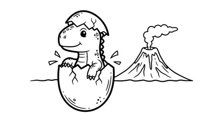 Cute Baby Dinosaur Hatching from an Egg with a Volcano in a Prehistoric Landscape, Isolated White Background