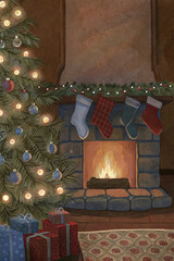 Cozy Fireplace with Christmas Tree and Stockings — Watercolor Art