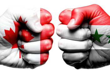 Fist Bump with Canadian and Saudi Arabian Flags, Glossy Design Element on Transparent Background