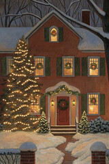 Christmas House with Tree and Garlands — Cozy Watercolor Illustration