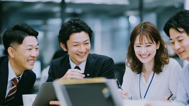 明るいオフィスで働く若手ビジネスパーソンたちの笑顔／チームワーク・コミュニケーション・職場の雰囲気・ビジネス・スタートアップ・働く女性と男性