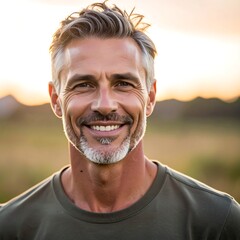 Smiling man with grey hair, outside on a sunny day