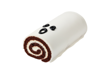Cute Halloween Ghost Chocolate Roll Cake Isolated. Festive sweet dessert with white icing and black eyes, perfect for a spooky party treat.