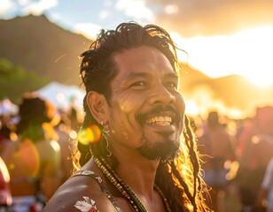 Smiling man with dreadlocks in warm sunlight