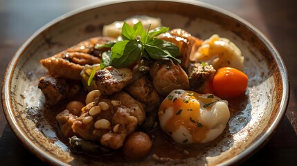Exquisite Gourmet Dish: A visually stunning gourmet dish, meticulously arranged on a rustic plate, is a culinary masterpiece. The food photography showcases a harmonious blend of textures, colors.