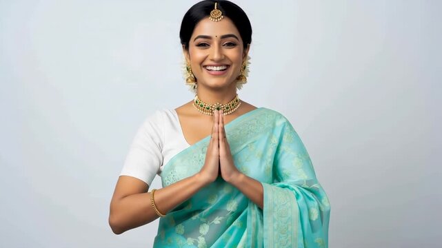 Joyful Young Indian Woman in Teal Saree Greeting with Traditional Namaste Gesture
