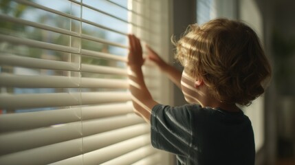 Medium shot of a child reaching up to gently touch smooth cordless vinyl blinds sharp in focus against a softly blurred home interior background.