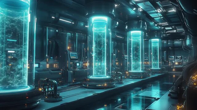 Futuristic Science Laboratory with Glowing Blue Cryogenic Pods.
