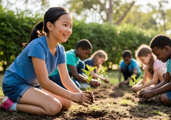 Diverse group of children planting saplings in a garden. Young girl learning about nature and conservation. Environmental education and teamwork concept