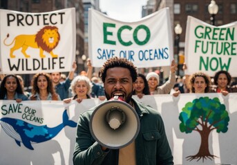 Passionate activist leading an environmental protest with a megaphone. Diverse crowd marching for climate change and wildlife conservation. Community action for a green future