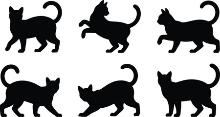 Six black cat silhouettes on a white background various poses