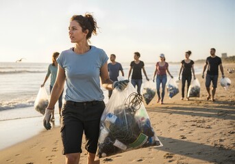 Woman leading volunteers during a beach cleanup at sunset. Group of people collecting plastic trash from the coast. Environmental conservation and community action concept