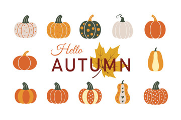 Collection of decorative pumpkins and autumn leaves with hello autumn text. Perfect for Autumn design an Halloween.