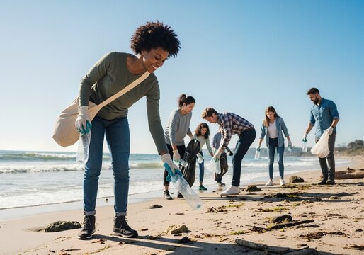 A smiling volunteer leads a diverse group in a beach cleanup. People collecting plastic pollution from the sand. Environmental conservation and community service concept