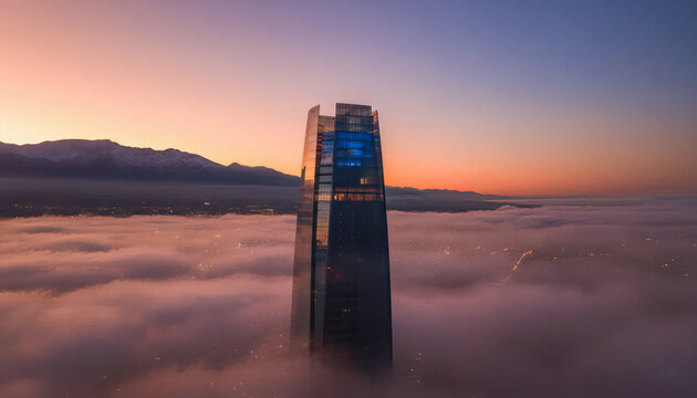The Costanera Center skyscraper above the clouds in Santiago, Chile, South America.