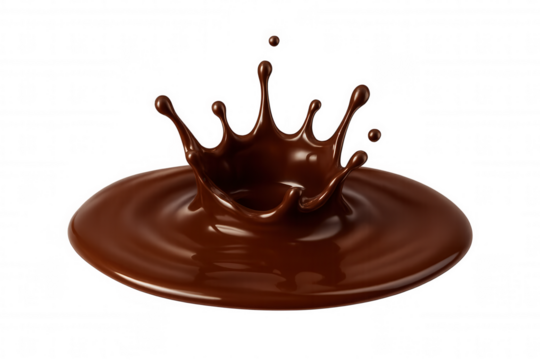 Liquid chocolate splash crown creating ripple waves, dripping drops, sweet cocoa dessert, transparent background
