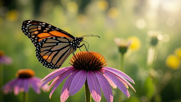 A monarch butterfly on a purple coneflower in a summer garden. Close-up of an insect pollinating a flower. Wildlife in nature with golden hour sunlight