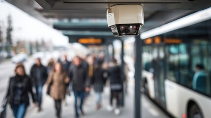Medium shot of an infrared passenger counting sensor mounted above a bus entrance clearly focused with blurred background of passengers boarding