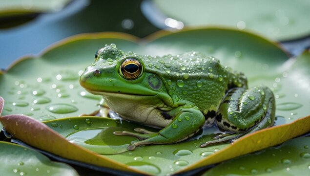 A vibrant green frog covered in water droplets rests on a lily pad. Close-up of a wild amphibian in its natural pond habitat. World Wildlife Day concept