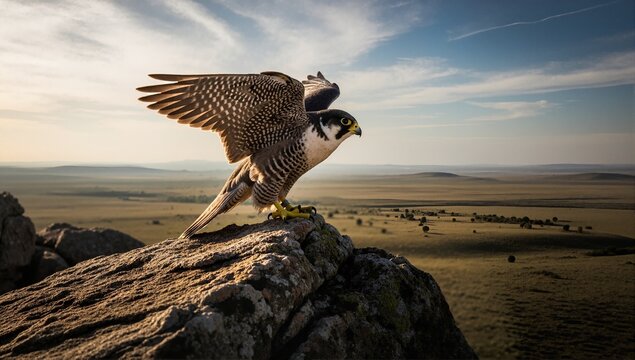 Peregrine falcon perched on a rock with wings spread at sunrise. Majestic bird of prey in a vast wilderness landscape. Wildlife in nature