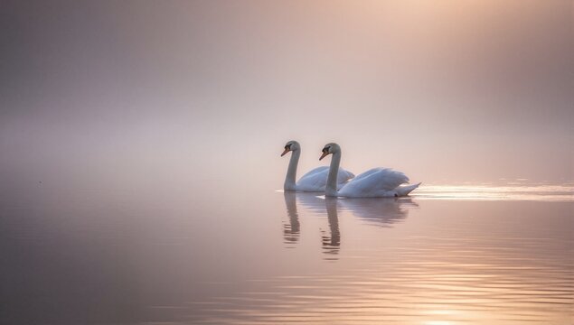 A pair of elegant white swans swimming on a misty lake at sunrise. Wildlife couple in nature with reflections in the water. Love and romance concept
