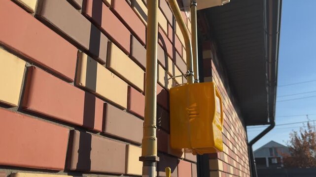 Yellow gas pipe and gas meter on brick house