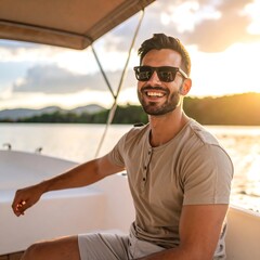 Smiling Man with Sunglasses on a Boat During Sunset
