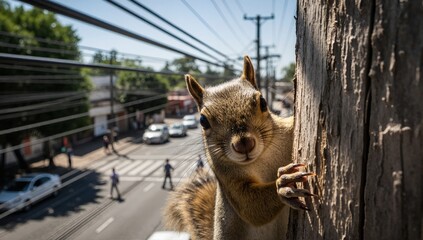 Curious squirrel peeking from a wooden pole with a city street in the background. Funny urban wildlife close-up. World Wildlife Day concept