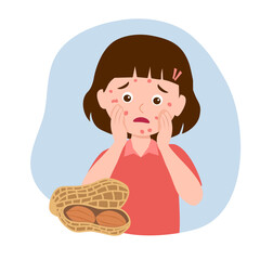 Kid with allergy from peanuts. Runny nose and watery eyes. Seasonal disease. Causes of allergy. Illness with cough, cold and sneeze symptoms. Vector illustration