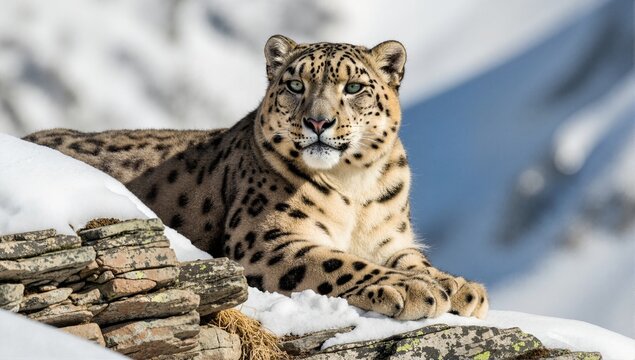 Majestic snow leopard resting on a snowy rock in a mountain landscape. Close-up portrait of a wild big cat in its natural winter habitat
