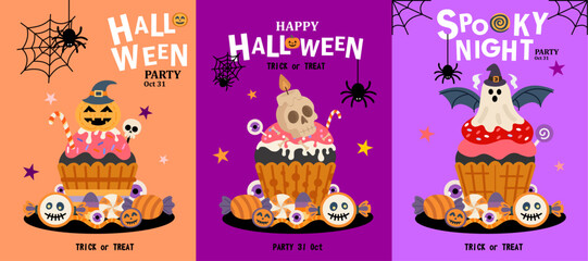 Cute Halloween Cupcake Party Invitation Cards — Flat Vector Illustration with Pumpkin, Ghost, and Skull