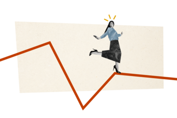 Composite photo collage of astonished girl run graph decline trap business problem recession low statistics isolated on painted background