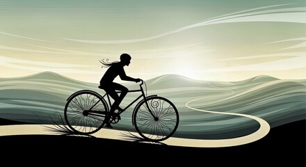 Obraz premium Cycling into Serenity: An illustrated silhouette of a cyclist gracefully navigates a winding path, the image representing a journey of self-discovery and the pursuit of inner peace.