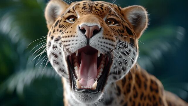 Jaguar displaying bold roar in lush tropical environment. Close-up captures stunning fur patterns and expressive face. Concept of wildlife photography, nature conservation, animal behavior