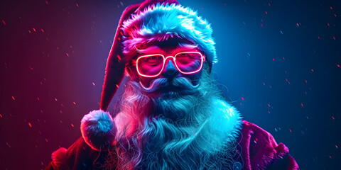 Festive portrait showcases a man in a red outfit and fur-trimmed hat, adorned with glowing eyewear, rendered with dramatic lighting, featuring a long white beard and mustache against a vibrant blue...