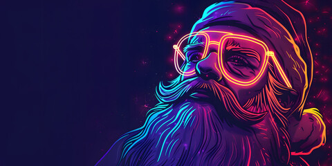 Glowing neon portrait captures the essence of a jolly, bearded figure wearing stylish glasses with an expression of thoughtful reflection against a deep purple backdrop, radiating vibrant festive...