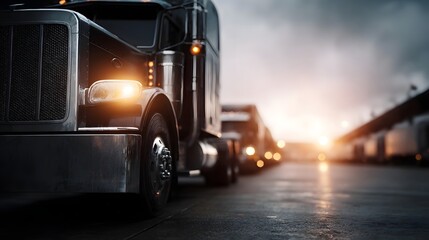 A line of powerful semi trucks parked in an industrial depot at dawn with dramatic lighting and reflections on the wet asphalt