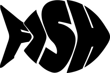 Creative fish logo made from the word fish. Stylized typographic animal shape in black silhouette. Modern vector design for branding, prints, and digital use.