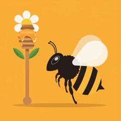 Cartoon Bee Flying Towards Honeycomb Flower Illustration on Yellow Background.