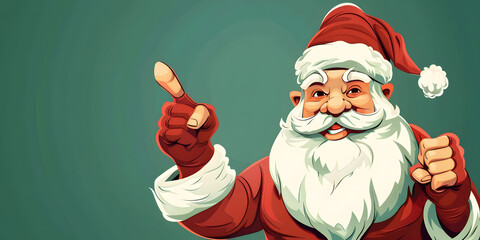 Cheerful illustration of a jolly, mature man with a large white beard, wearing a red suit and hat. His arm and index finger point to the left, indicating emphasis on a space on the left.